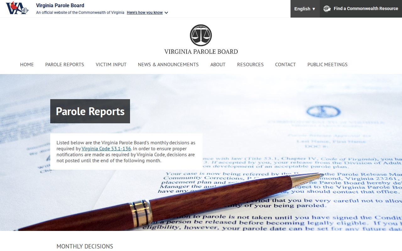 Virginia parole decision reports used for Mathews County release supervision