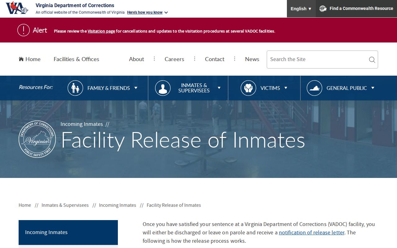 VADOC facility release process for a Mathews County actual release date